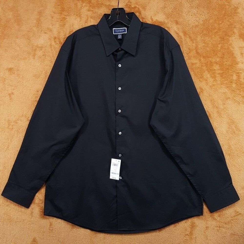 CLUB ROOM Dress Shirt Mens Size 16 16.5 Solid Black Regular Fit Button Up